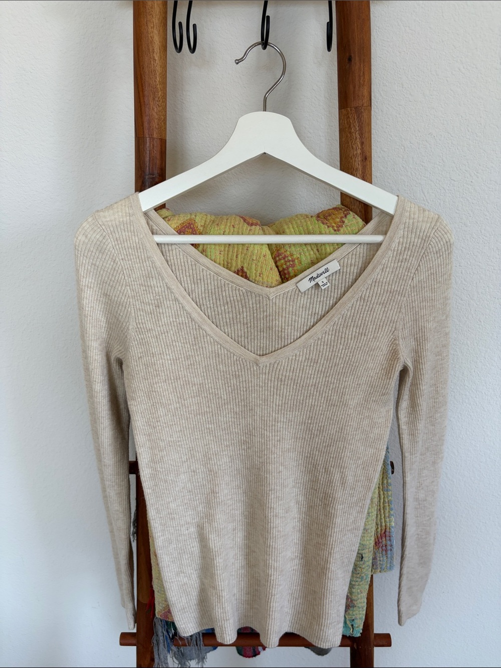 Madewell Neutral Beige Ribbed V-Neck Sweater